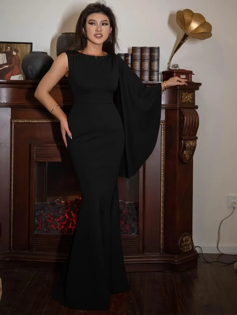 YMDUCH Women's Elegant One Bell Sleeve Side Split Long Paty Mermaid Formal Dress