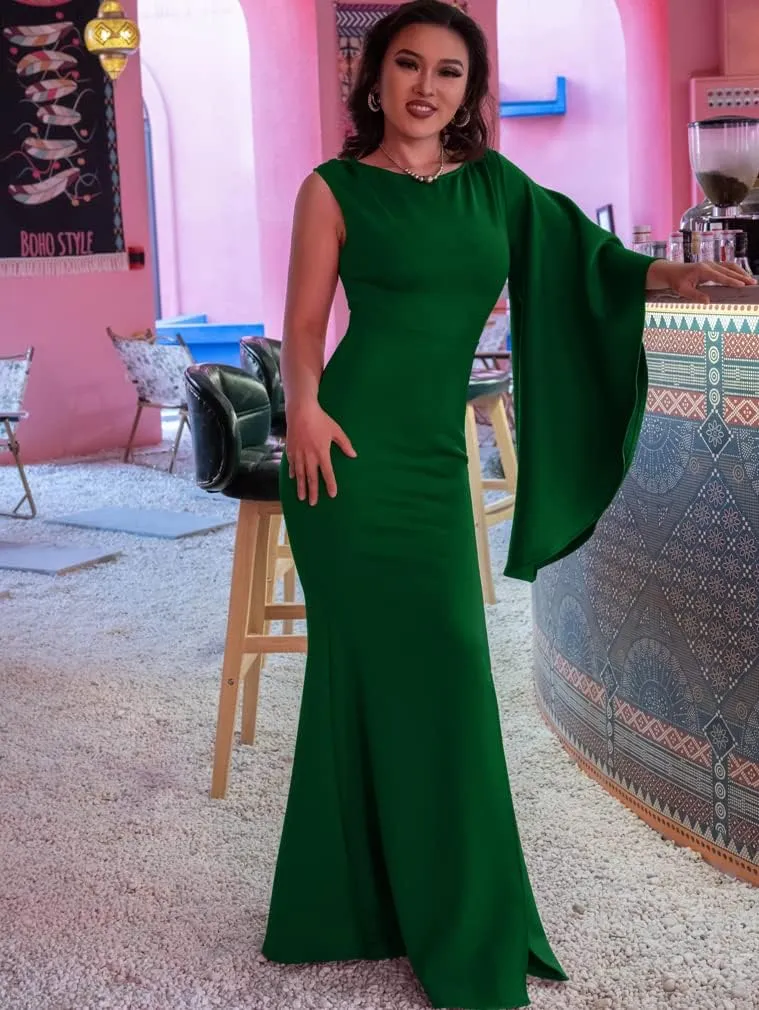 YMDUCH Women's Elegant One Bell Sleeve Side Split Long Paty Mermaid Formal Dress