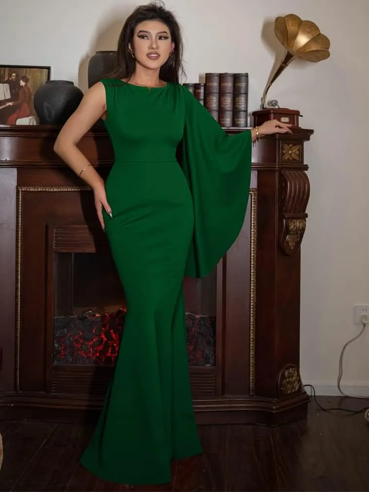 YMDUCH Women's Elegant One Bell Sleeve Side Split Long Paty Mermaid Formal Dress