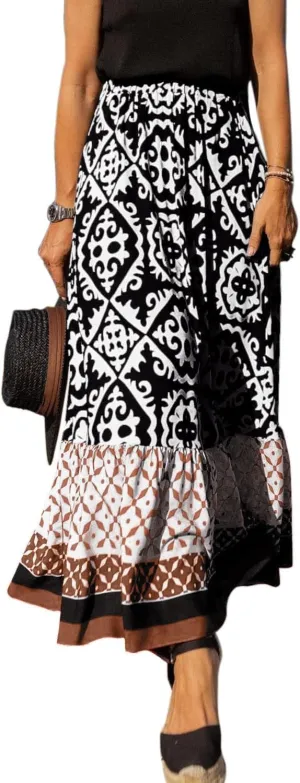 yoeasy Women's Printed Pleated Hem Long Skirt Elastic High Waist Flowy Swing A Line Long Skirt