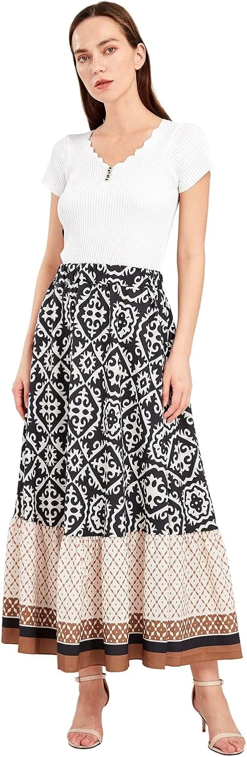 yoeasy Women's Printed Pleated Hem Long Skirt Elastic High Waist Flowy Swing A Line Long Skirt