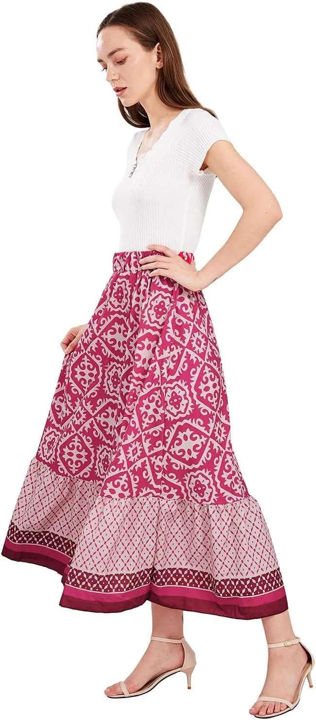 yoeasy Women's Printed Pleated Hem Long Skirt Elastic High Waist Flowy Swing A Line Long Skirt