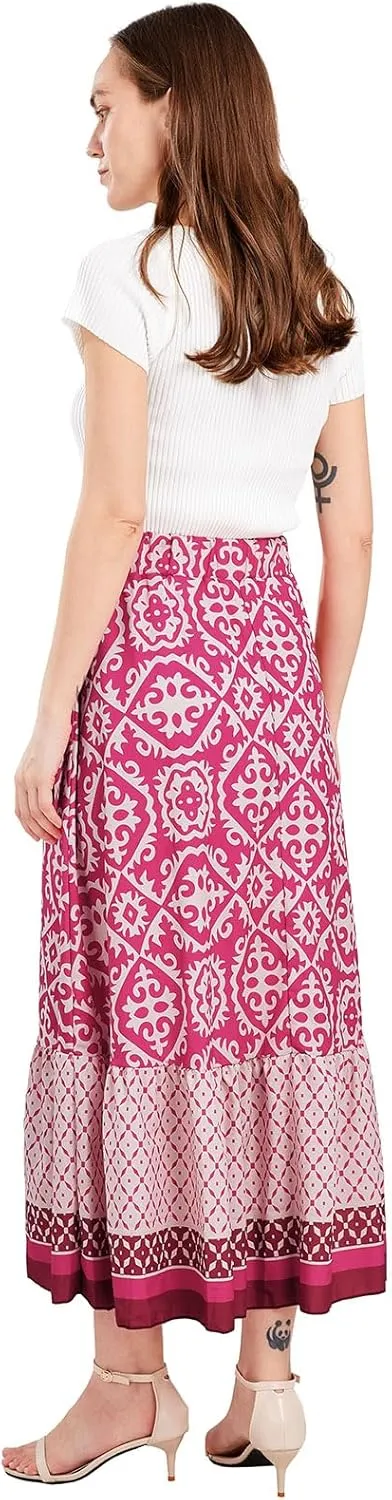 yoeasy Women's Printed Pleated Hem Long Skirt Elastic High Waist Flowy Swing A Line Long Skirt
