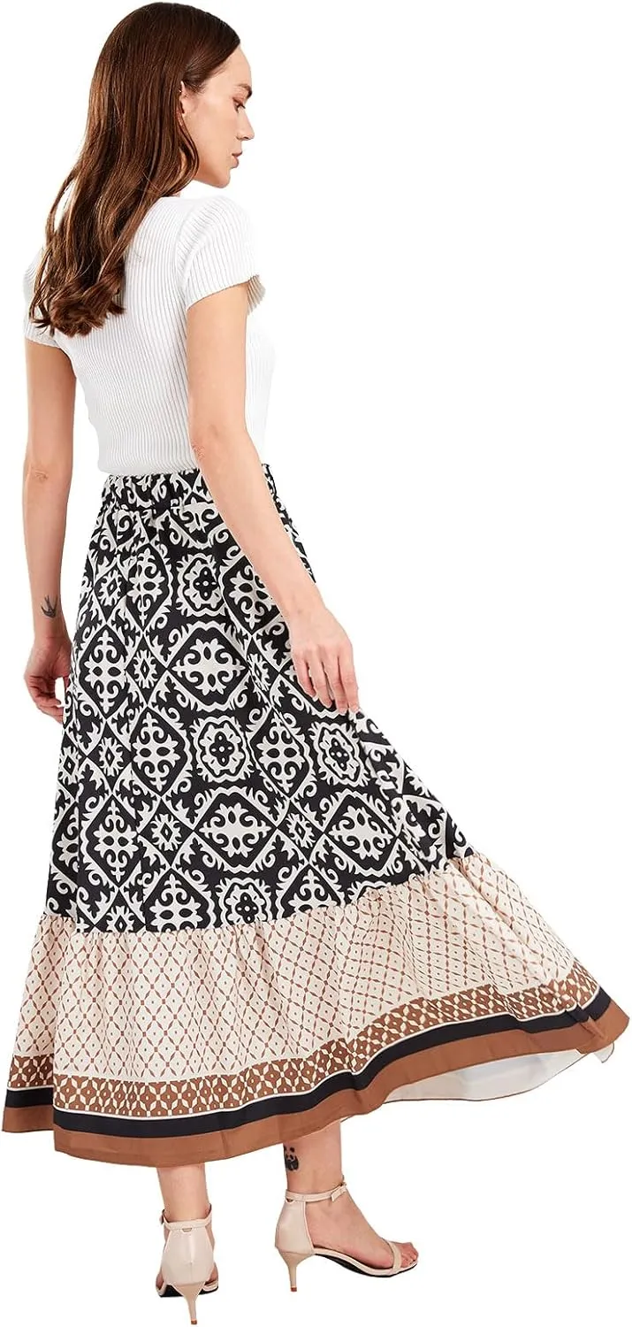 yoeasy Women's Printed Pleated Hem Long Skirt Elastic High Waist Flowy Swing A Line Long Skirt