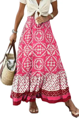 yoeasy Women's Printed Pleated Hem Long Skirt Elastic High Waist Flowy Swing A Line Long Skirt