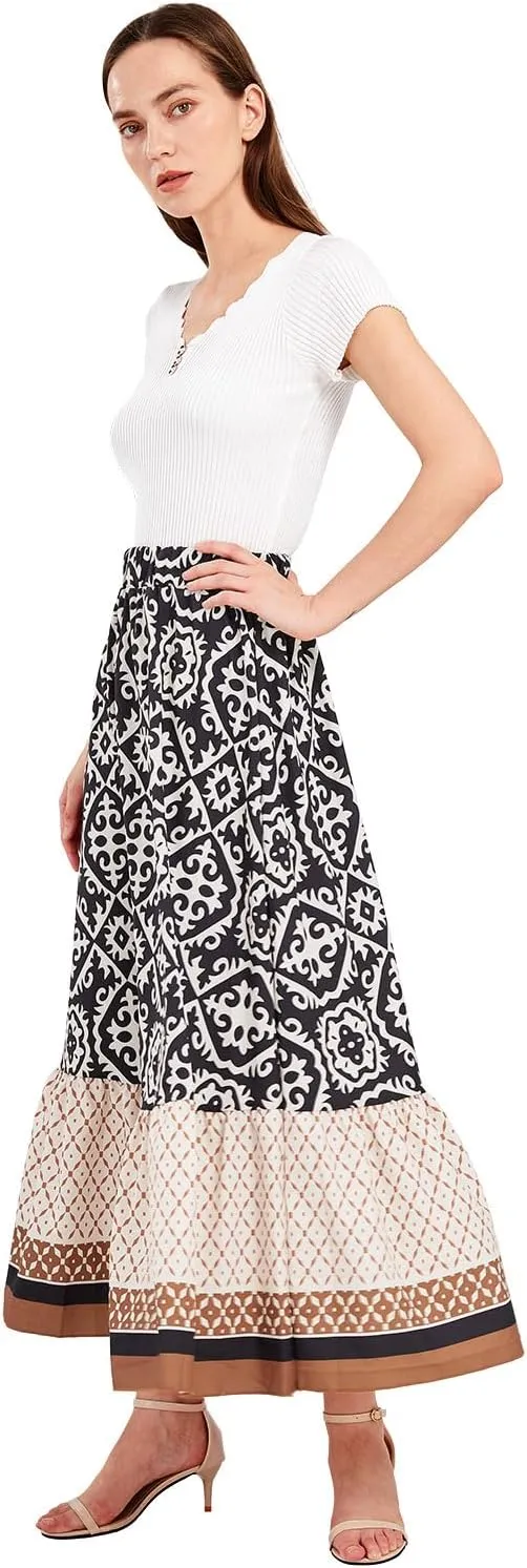 yoeasy Women's Printed Pleated Hem Long Skirt Elastic High Waist Flowy Swing A Line Long Skirt