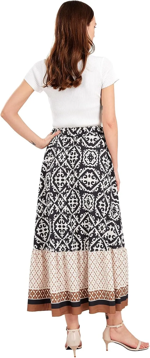 yoeasy Women's Printed Pleated Hem Long Skirt Elastic High Waist Flowy Swing A Line Long Skirt