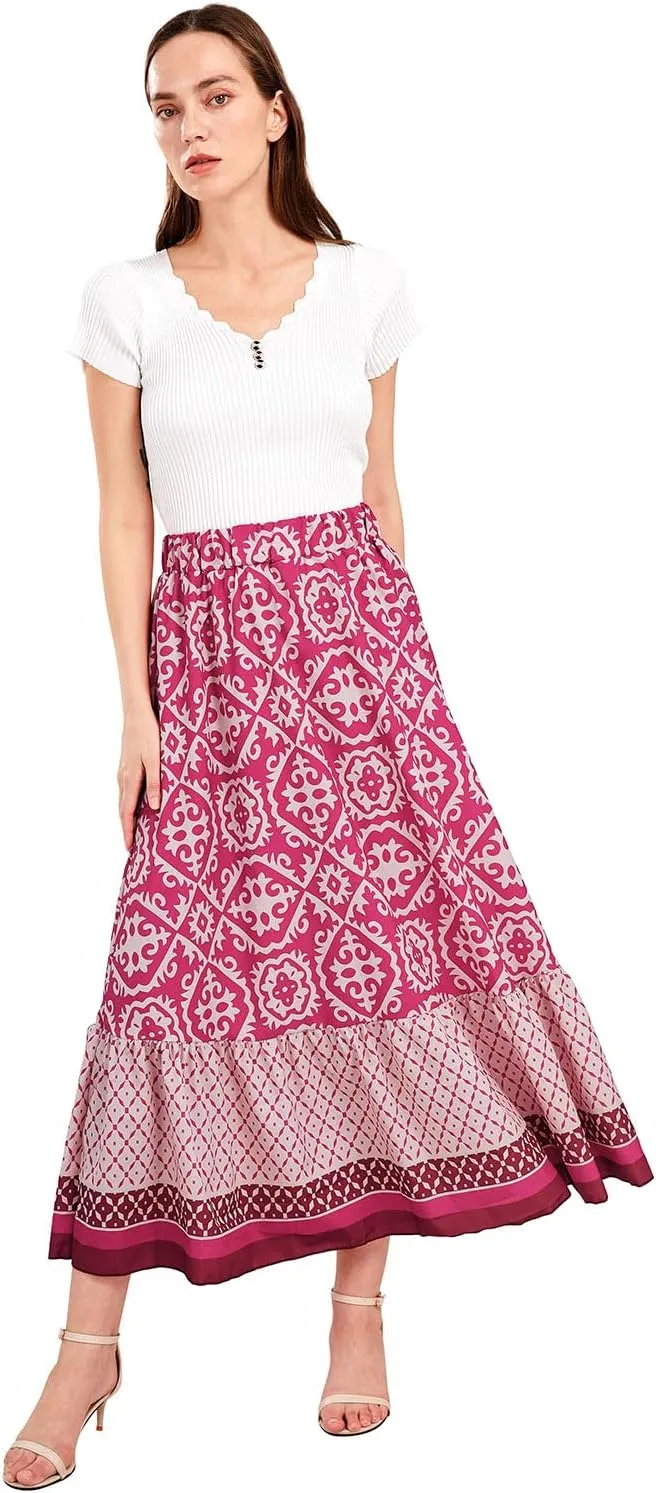 yoeasy Women's Printed Pleated Hem Long Skirt Elastic High Waist Flowy Swing A Line Long Skirt