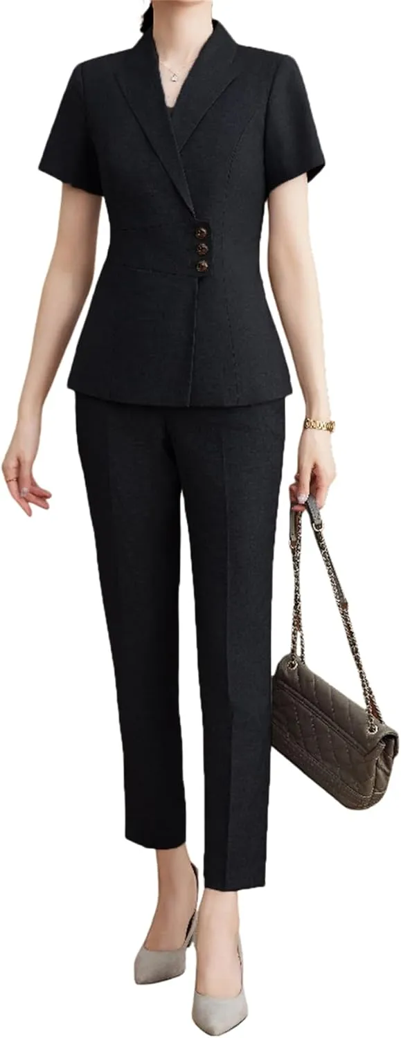 YYNUDA Women's Business Suit Set Formal Short Sleeve Double Breasted Solid Color Blazer Pantsuit