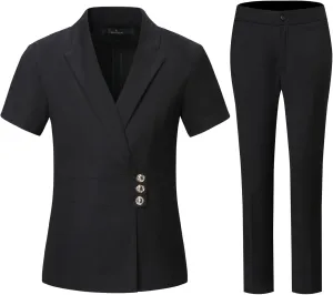 YYNUDA Women's Business Suit Set Formal Short Sleeve Double Breasted Solid Color Blazer Pantsuit