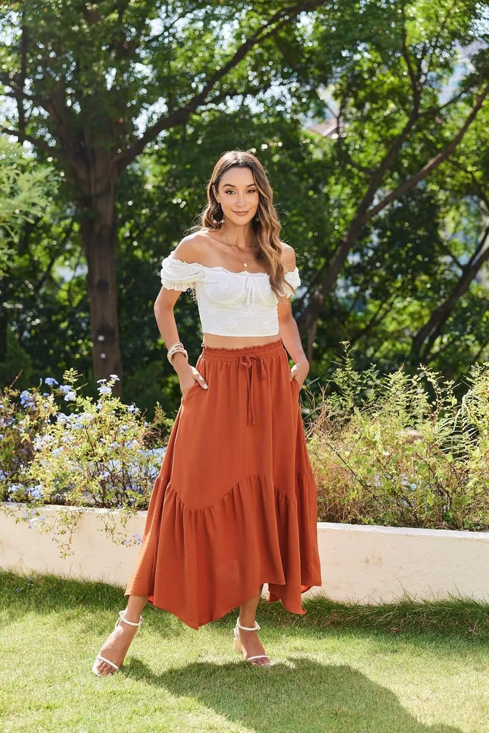 Zeagoo Long Skirts for Women High Waist A Line Skirt Casual Flowy Tiered Skirt with Pockets Summer Floral Boho Skirt