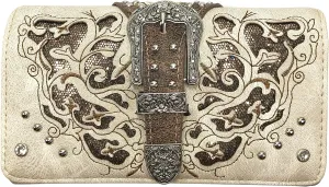 Zelris Western Gleaming Buckle Floral Cowgirl Women Crossbody Wrist Trifold Wallet (Beige)