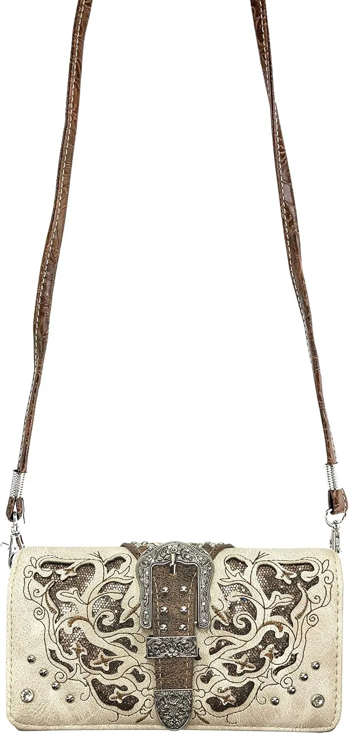 Zelris Western Gleaming Buckle Floral Cowgirl Women Crossbody Wrist Trifold Wallet (Beige)