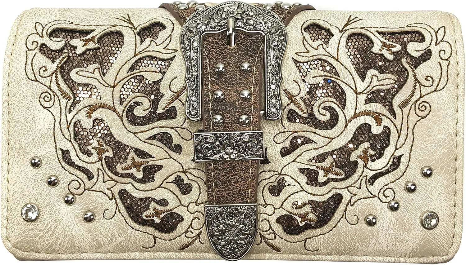 Zelris Western Gleaming Buckle Floral Cowgirl Women Crossbody Wrist Trifold Wallet (Beige)