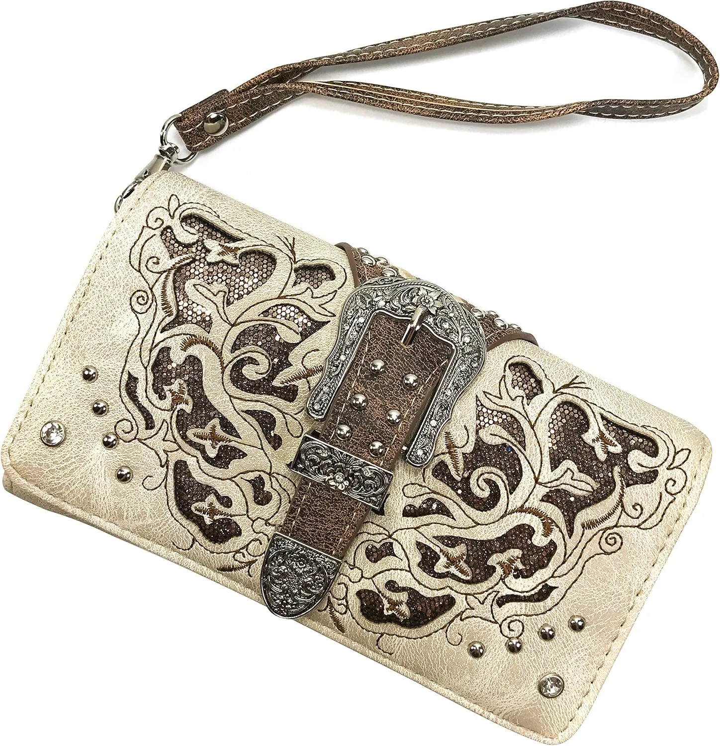 Zelris Western Gleaming Buckle Floral Cowgirl Women Crossbody Wrist Trifold Wallet (Beige)