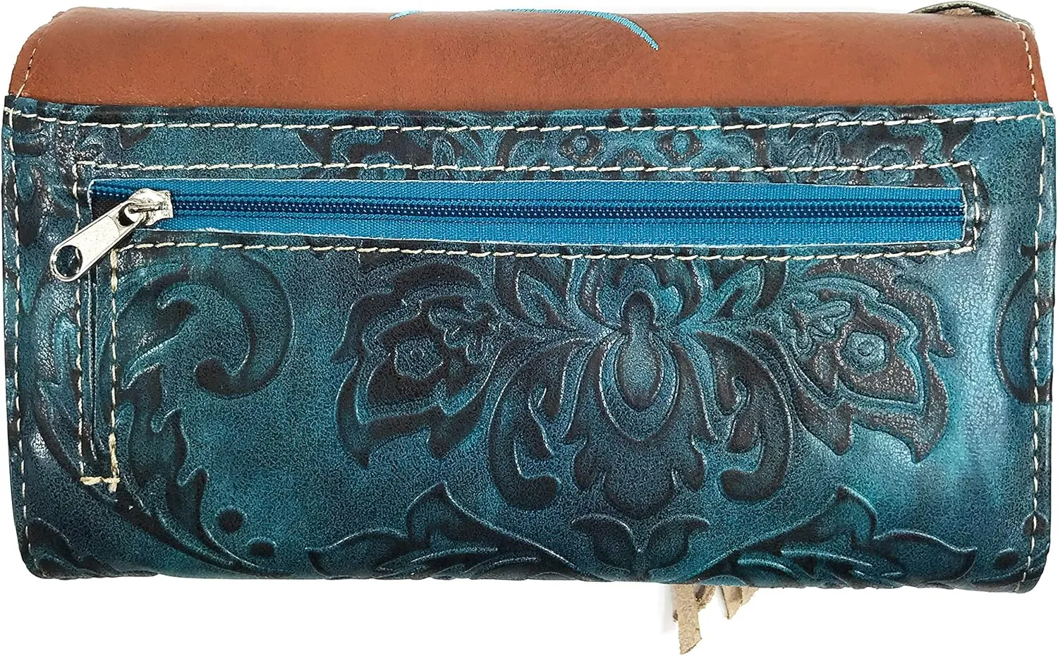 Zelris Women Crossbody Wallet Turquoise Concho Suede Fringe Two Tone Cowgirl Trifold Open