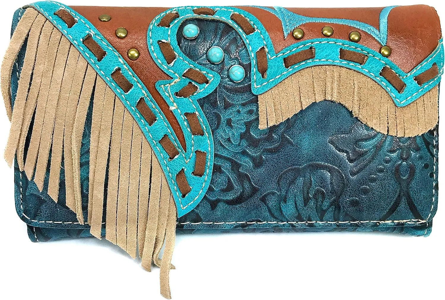 Zelris Women Crossbody Wallet Turquoise Concho Suede Fringe Two Tone Cowgirl Trifold Open