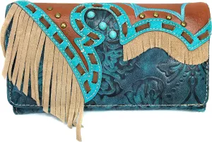 Zelris Women Crossbody Wallet Turquoise Concho Suede Fringe Two Tone Cowgirl Trifold Open