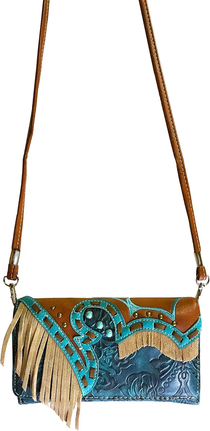 Zelris Women Crossbody Wallet Turquoise Concho Suede Fringe Two Tone Cowgirl Trifold Open