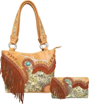 Zelris Women Tote Handbag Wallet Set Turquoise Concho Suede Fringe Two Tone Cowgirl Concealed Carry Purse