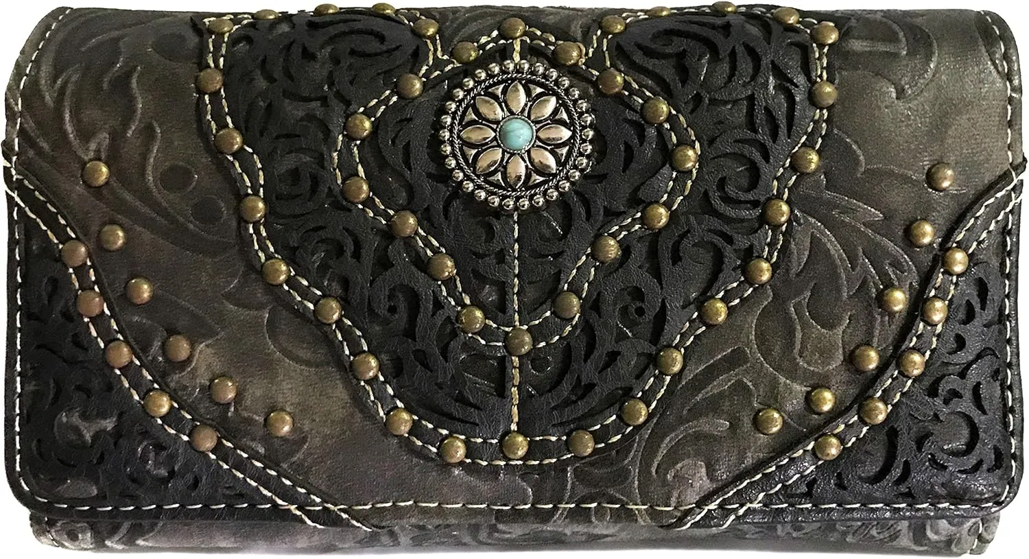 Zelris Women Western Floral Damask Pattern Medallion Crossbody Wrist Trifold Wallet (Black)