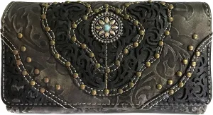 Zelris Women Western Floral Damask Pattern Medallion Crossbody Wrist Trifold Wallet (Black)