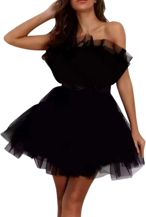 ZYXTIM Tube Tulle Mini Dress Women Sexy Off Shoulder Ruffle Tutu Dress Cocktail Party Birthday Fairy Dresses Evening Gown