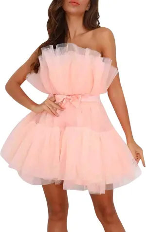 ZYXTIM Tube Tulle Mini Dress Women Sexy Off Shoulder Ruffle Tutu Dress Cocktail Party Birthday Fairy Dresses Evening Gown