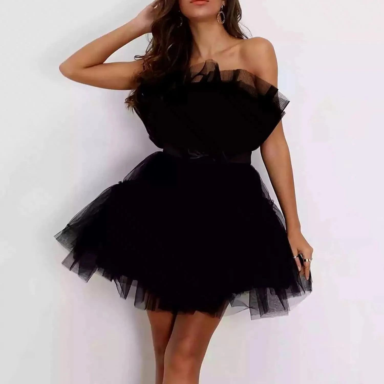 ZYXTIM Tube Tulle Mini Dress Women Sexy Off Shoulder Ruffle Tutu Dress Cocktail Party Birthday Fairy Dresses Evening Gown