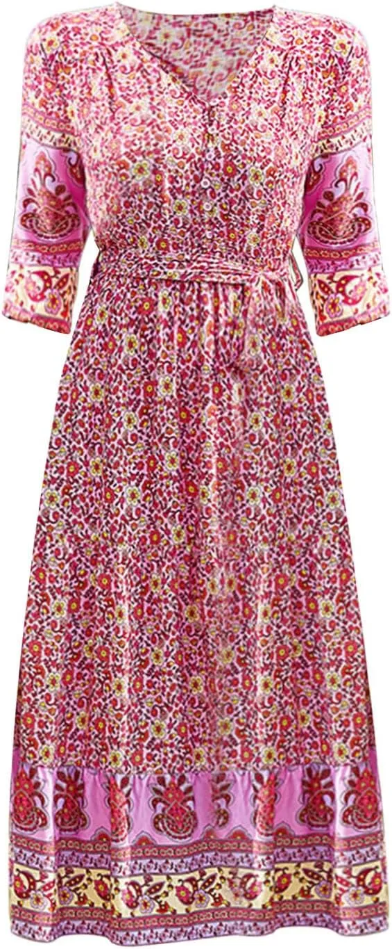 ZYXTIM Women Boho Spring Summer Dresses 3 4 Sleeve V Neck Floral Flowy Beach Dress High Waist Long Casual Beach Dresses