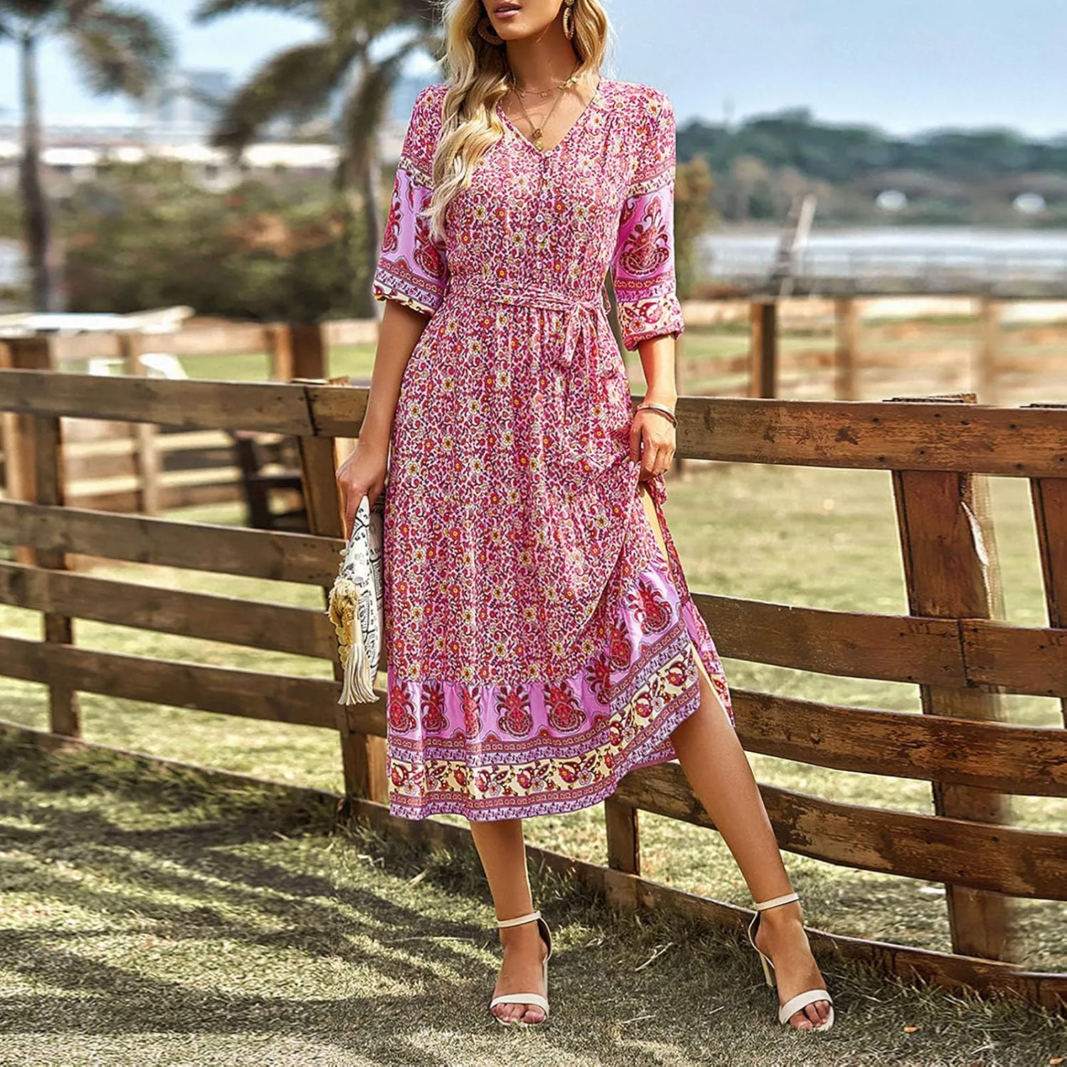 ZYXTIM Women Boho Spring Summer Dresses 3 4 Sleeve V Neck Floral Flowy Beach Dress High Waist Long Casual Beach Dresses