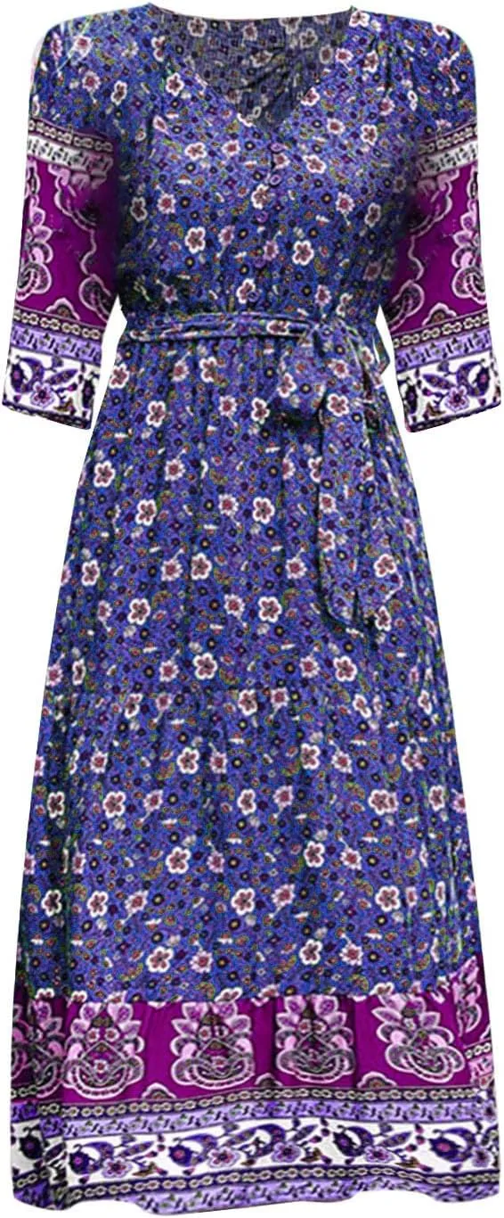 ZYXTIM Women Boho Spring Summer Dresses 3 4 Sleeve V Neck Floral Flowy Beach Dress High Waist Long Casual Beach Dresses
