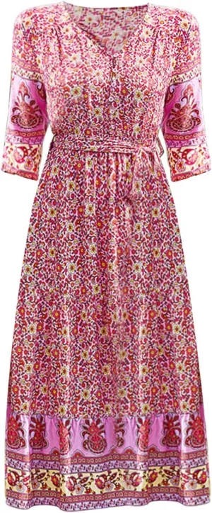 ZYXTIM Women Boho Spring Summer Dresses 3 4 Sleeve V Neck Floral Flowy Beach Dress High Waist Long Casual Beach Dresses
