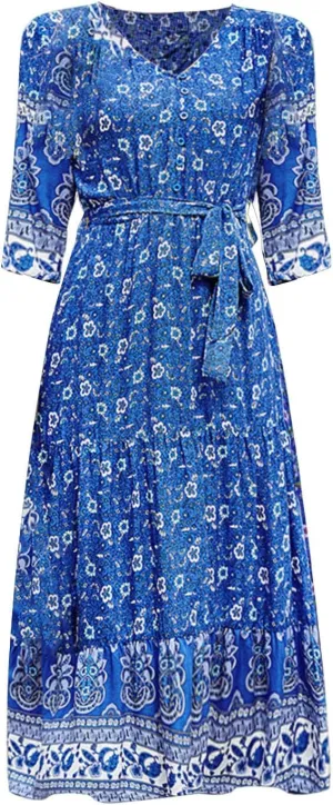 ZYXTIM Women Boho Spring Summer Dresses 3 4 Sleeve V Neck Floral Flowy Beach Dress High Waist Long Casual Beach Dresses