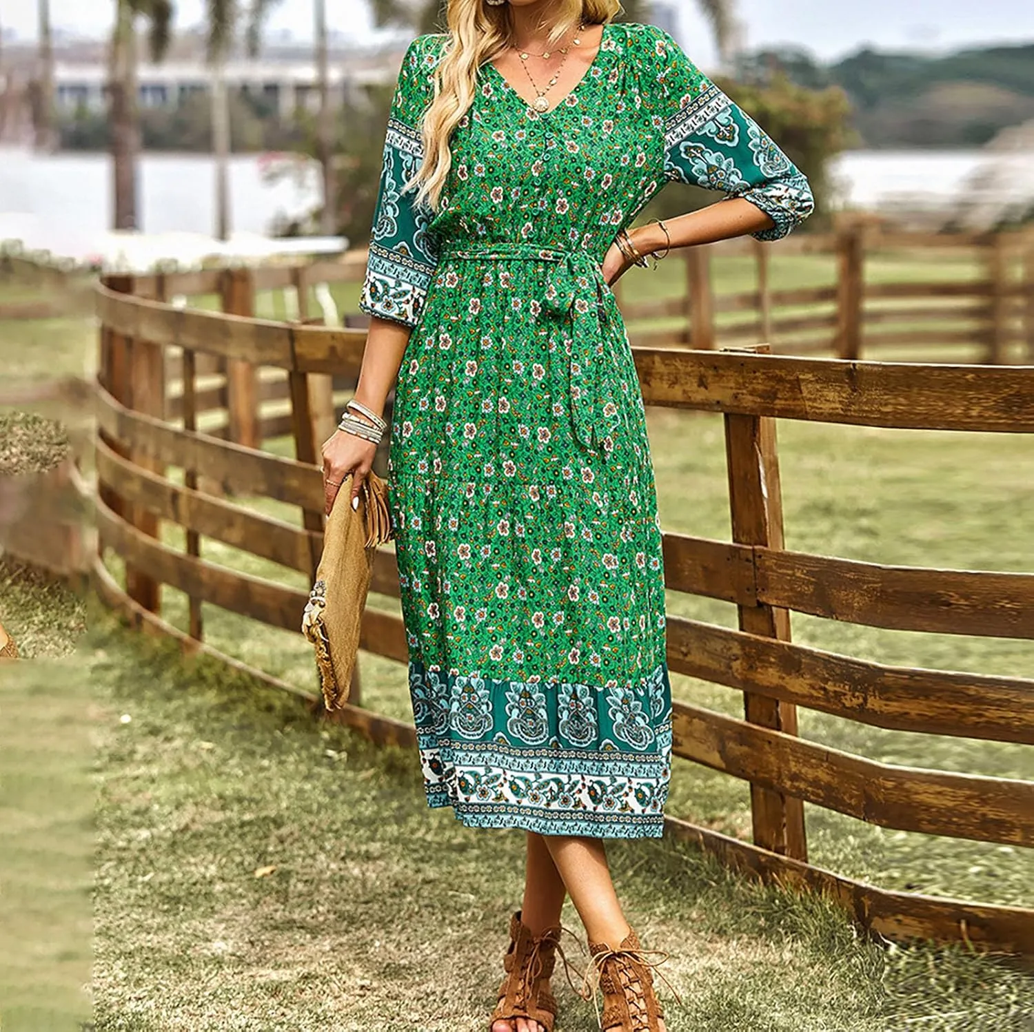 ZYXTIM Women Boho Spring Summer Dresses 3 4 Sleeve V Neck Floral Flowy Beach Dress High Waist Long Casual Beach Dresses