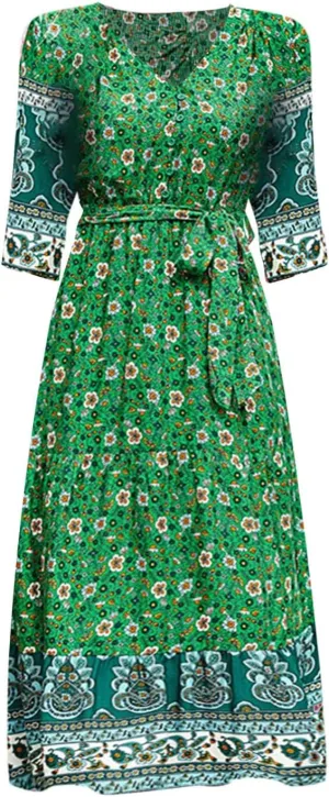 ZYXTIM Women Boho Spring Summer Dresses 3 4 Sleeve V Neck Floral Flowy Beach Dress High Waist Long Casual Beach Dresses