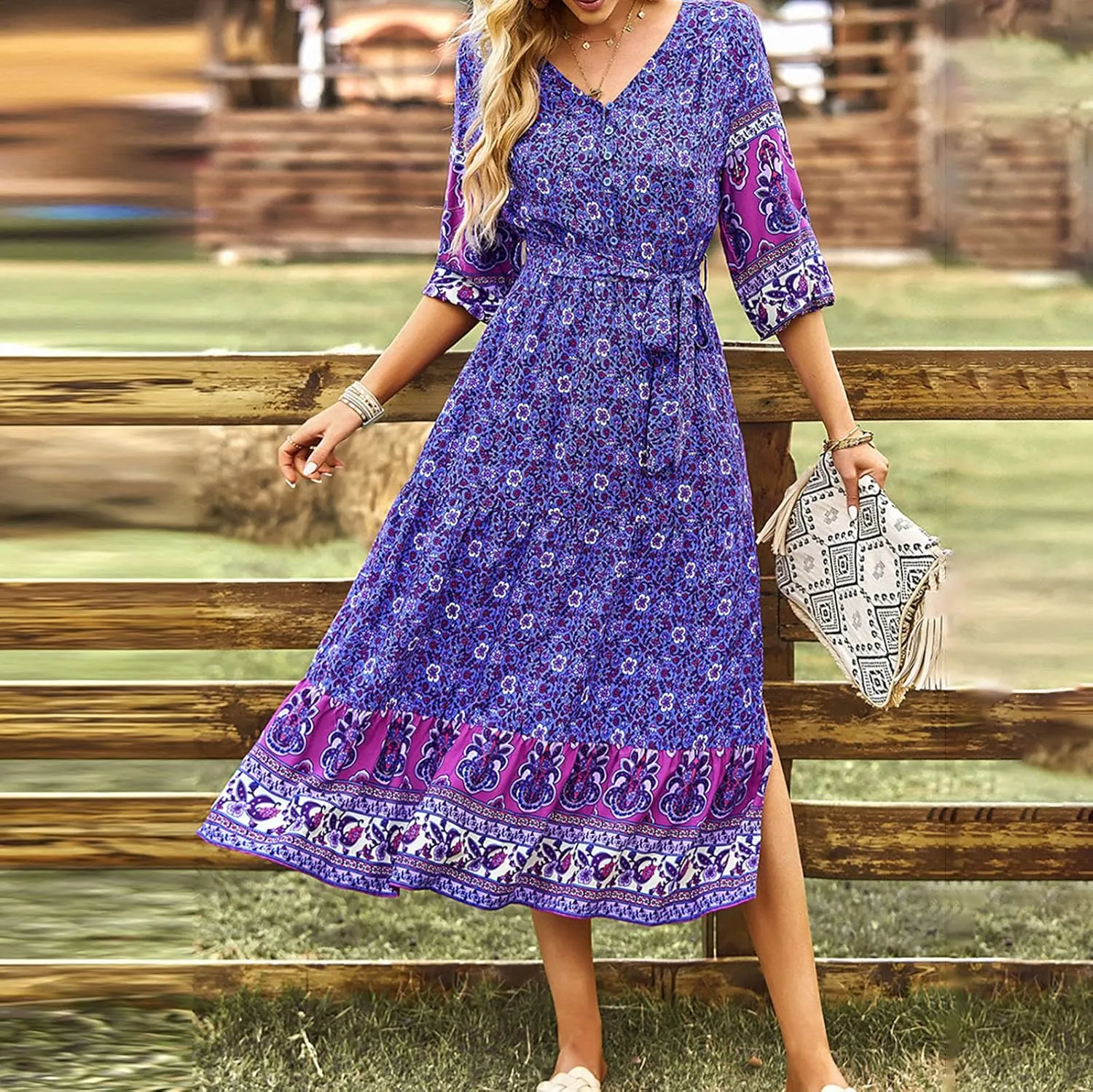ZYXTIM Women Boho Spring Summer Dresses 3 4 Sleeve V Neck Floral Flowy Beach Dress High Waist Long Casual Beach Dresses