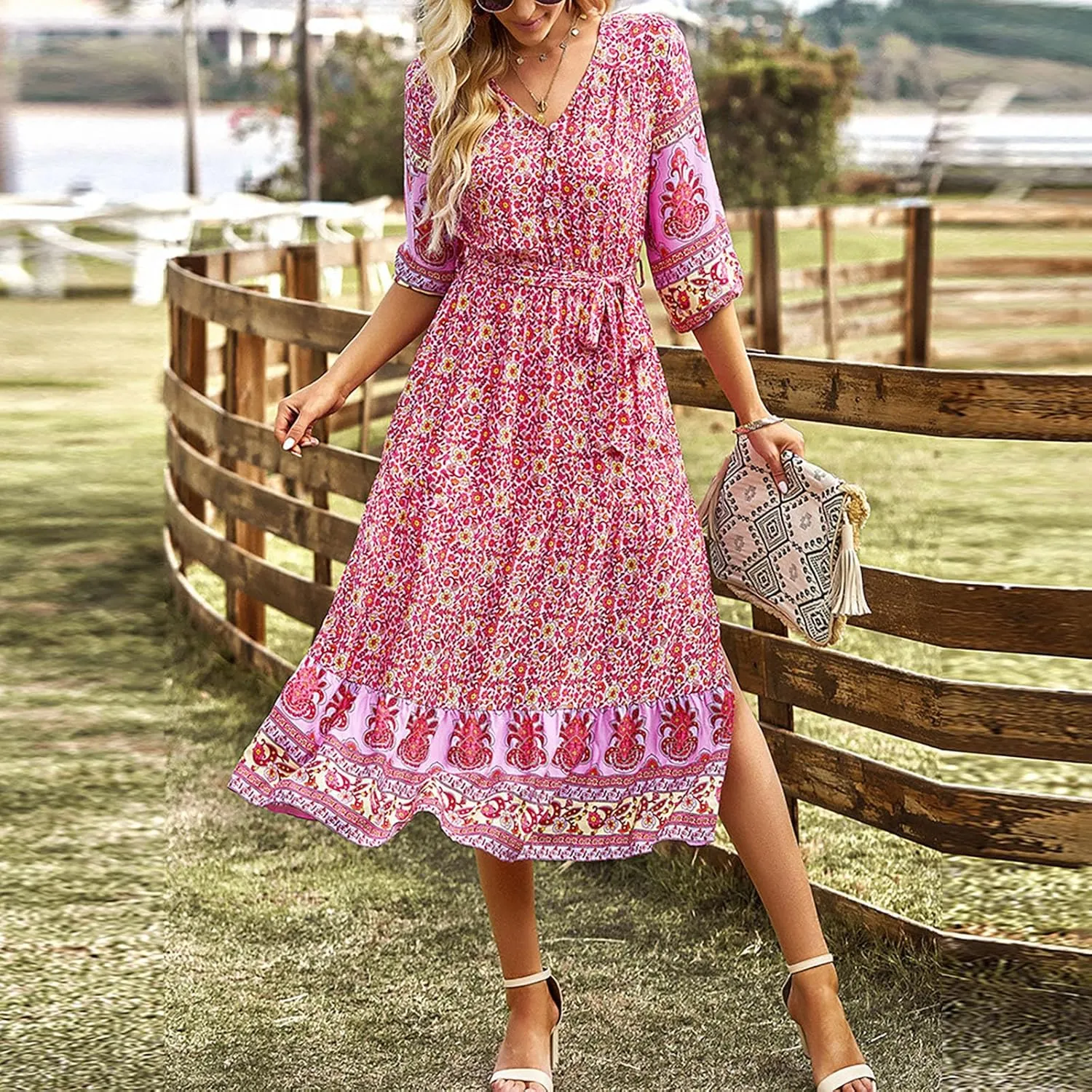 ZYXTIM Women Boho Spring Summer Dresses 3 4 Sleeve V Neck Floral Flowy Beach Dress High Waist Long Casual Beach Dresses