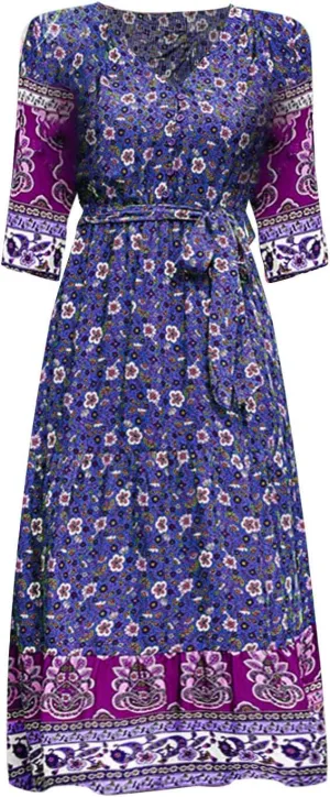 ZYXTIM Women Boho Spring Summer Dresses 3 4 Sleeve V Neck Floral Flowy Beach Dress High Waist Long Casual Beach Dresses
