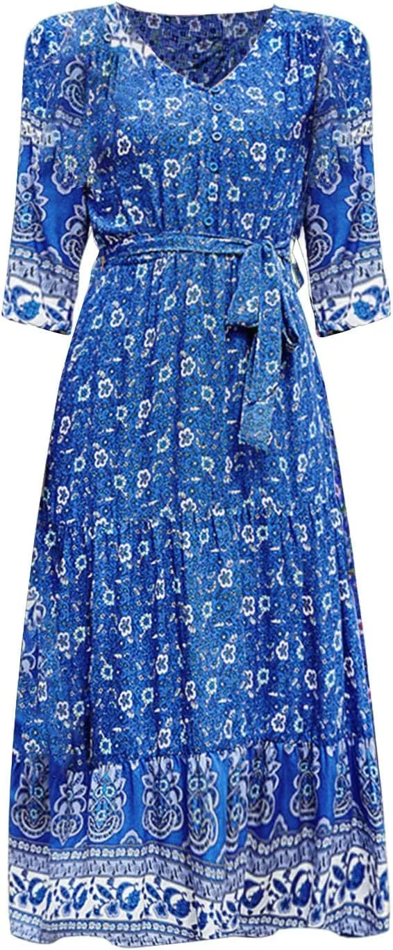 ZYXTIM Women Boho Spring Summer Dresses 3 4 Sleeve V Neck Floral Flowy Beach Dress High Waist Long Casual Beach Dresses