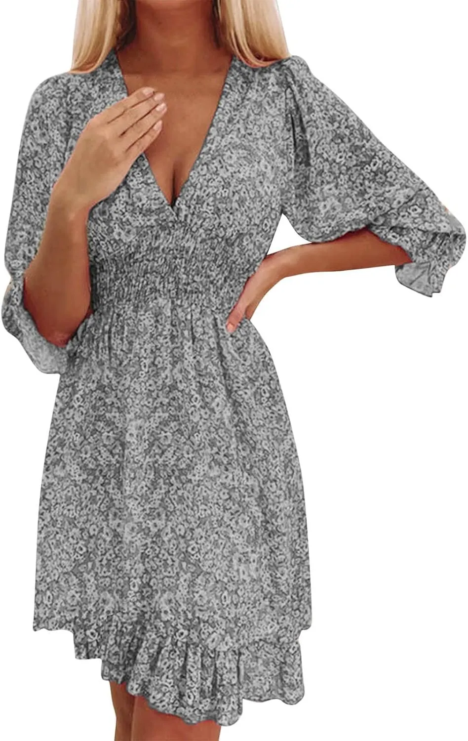 ZYXTIM Women's 2023 Summer Swing Dress Elegant Deep V Neck Floral Half Sleeve Ruffle Layer A-Line Short Dress Beach Sundress