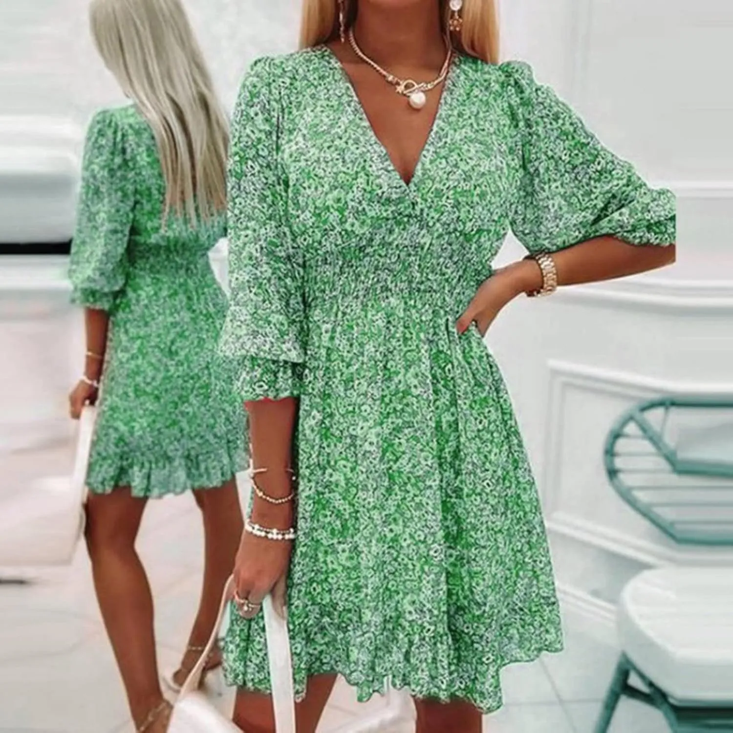 ZYXTIM Women's 2023 Summer Swing Dress Elegant Deep V Neck Floral Half Sleeve Ruffle Layer A-Line Short Dress Beach Sundress