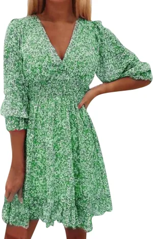 ZYXTIM Women's 2023 Summer Swing Dress Elegant Deep V Neck Floral Half Sleeve Ruffle Layer A-Line Short Dress Beach Sundress