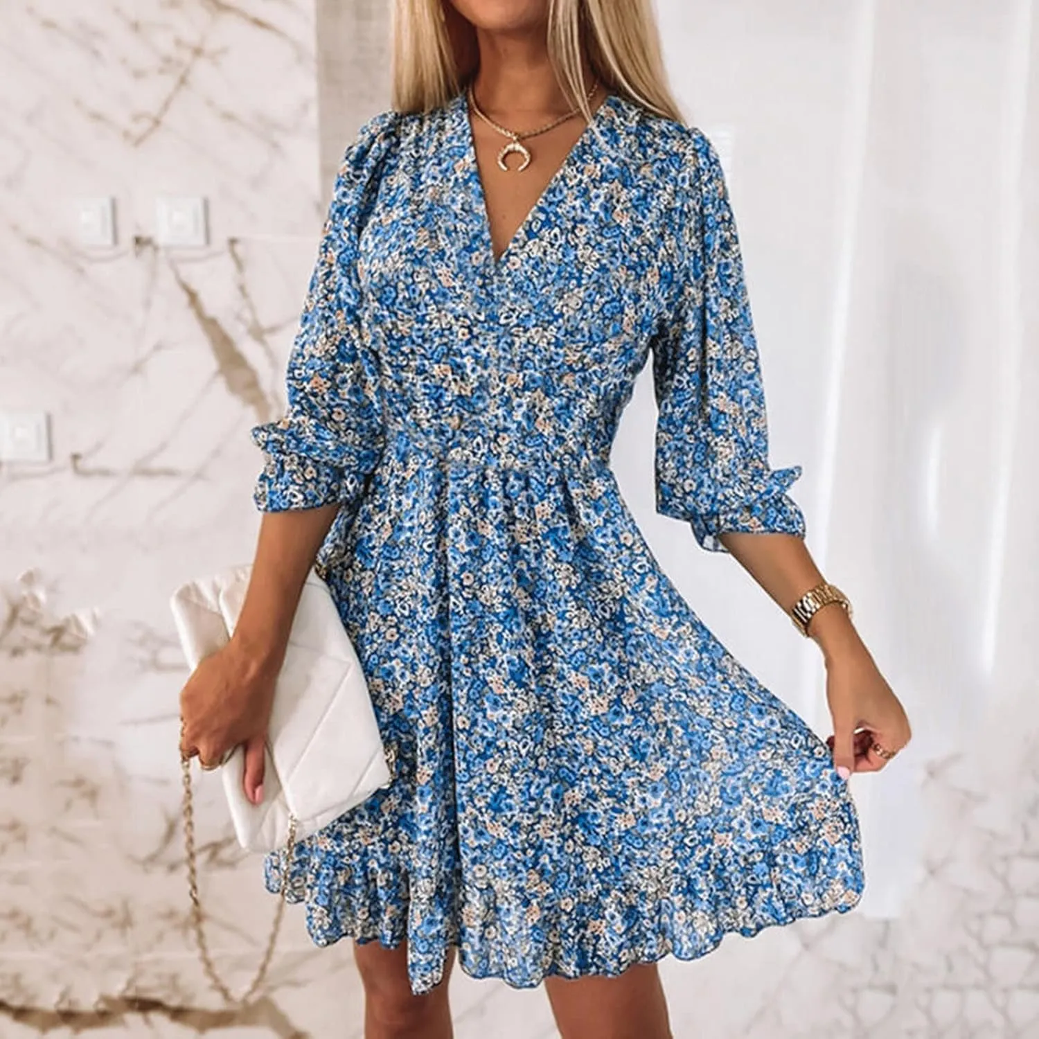 ZYXTIM Women's 2023 Summer Swing Dress Elegant Deep V Neck Floral Half Sleeve Ruffle Layer A-Line Short Dress Beach Sundress