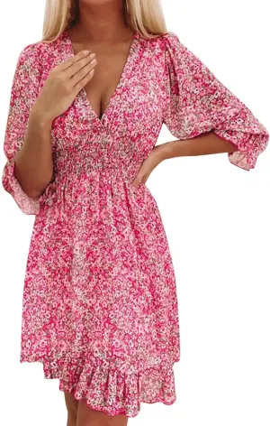 ZYXTIM Women's 2023 Summer Swing Dress Elegant Deep V Neck Floral Half Sleeve Ruffle Layer A-Line Short Dress Beach Sundress