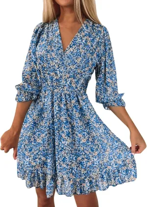 ZYXTIM Women's 2023 Summer Swing Dress Elegant Deep V Neck Floral Half Sleeve Ruffle Layer A-Line Short Dress Beach Sundress