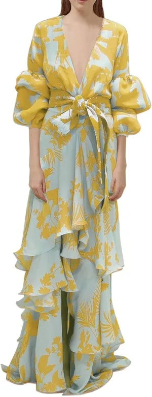 ZYXTIM Womens 2024 Fashion Prom Dress Elegant V Neck Floral Print Puffer Long Sleeve Layered Tiered Chiffon Beach Party Dress
