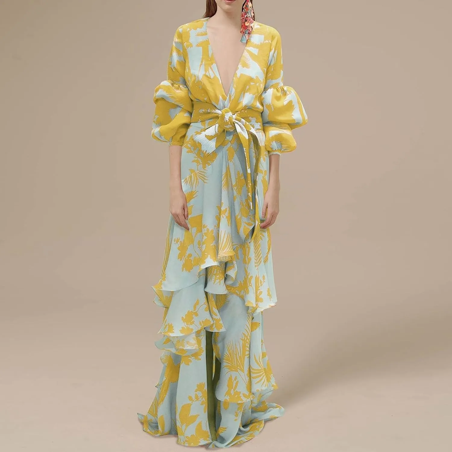 ZYXTIM Womens 2024 Fashion Prom Dress Elegant V Neck Floral Print Puffer Long Sleeve Layered Tiered Chiffon Beach Party Dress