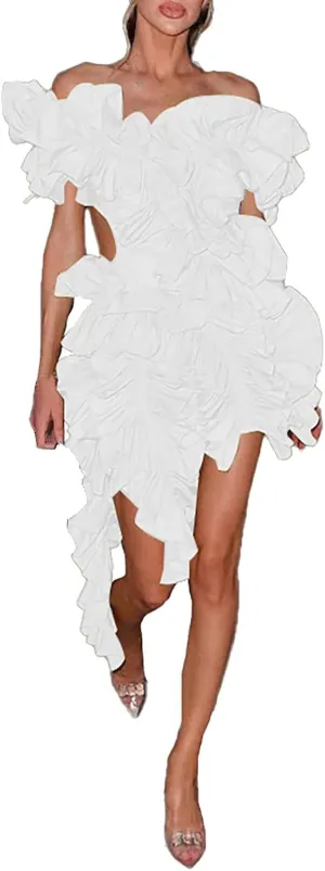 ZYXTIM Women's 2024 Novelty Summer Dress Off Shoulder Puff Sleeve Ruched Bodycon Dress Sexy V Neck Backless Fashion Dress