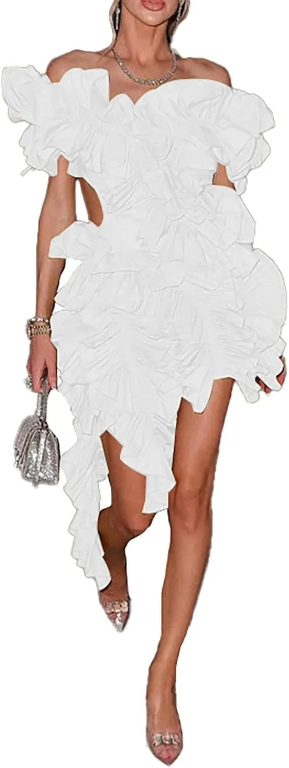 ZYXTIM Women's 2024 Novelty Summer Dress Off Shoulder Puff Sleeve Ruched Bodycon Dress Sexy V Neck Backless Fashion Dress